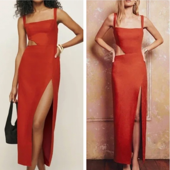NEW Reformation Satori Linen Midi Dress - Blood Orange Vacation Party Cut Out - Picture 2 of 11